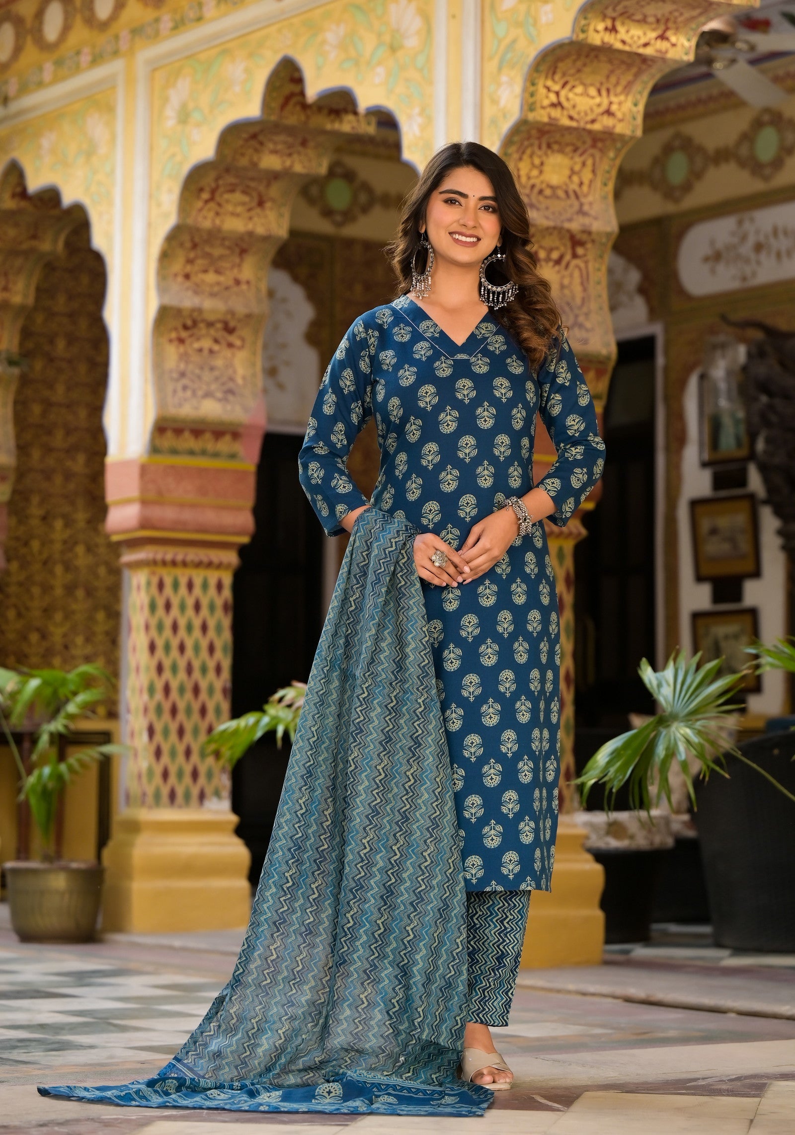 Block Printed Teal Blue Kurta Set with Bottom Wear and Dupatta Dropshipera