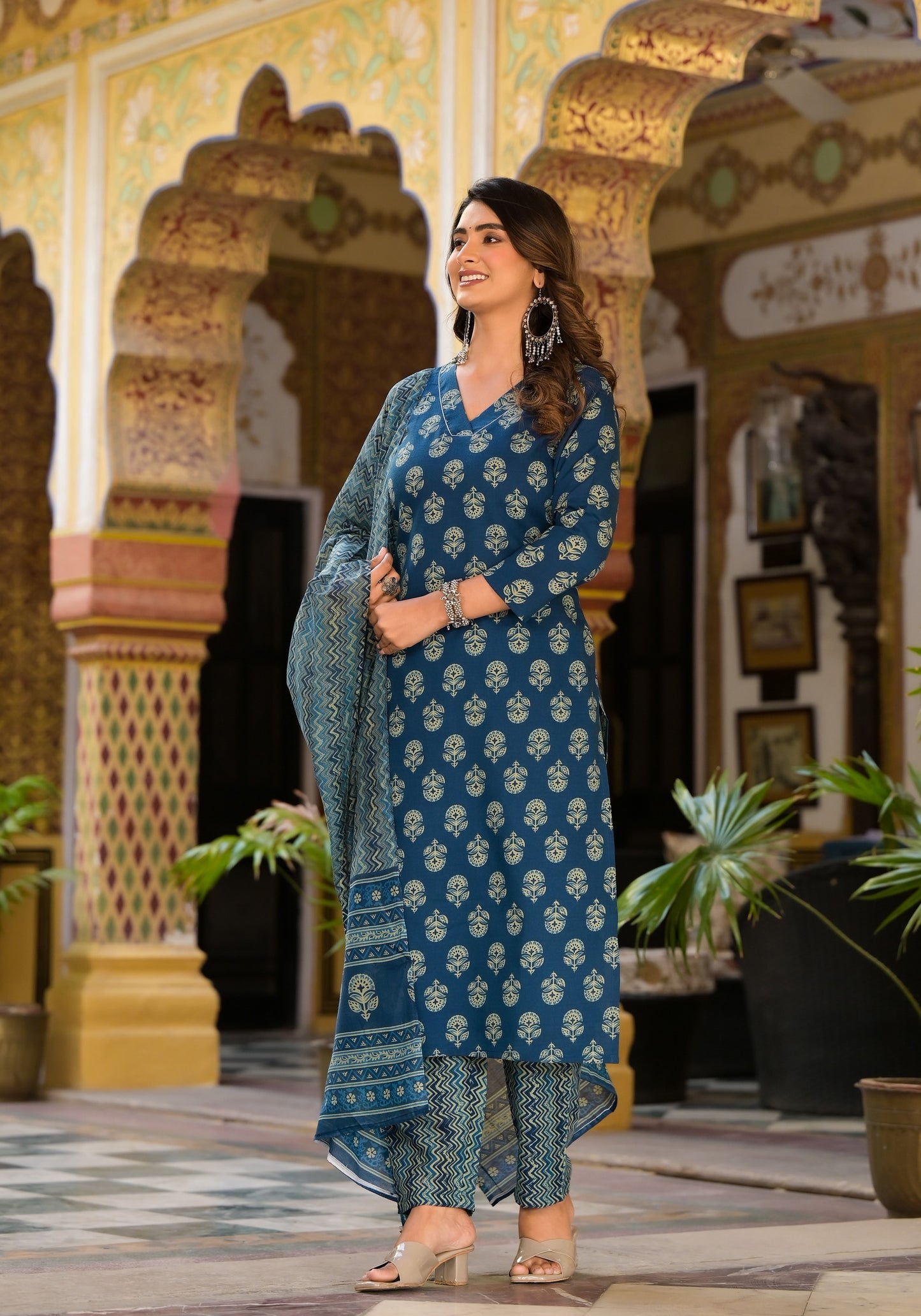 Block Printed Teal Blue Kurta Set with Bottom Wear and Dupatta Dropshipera