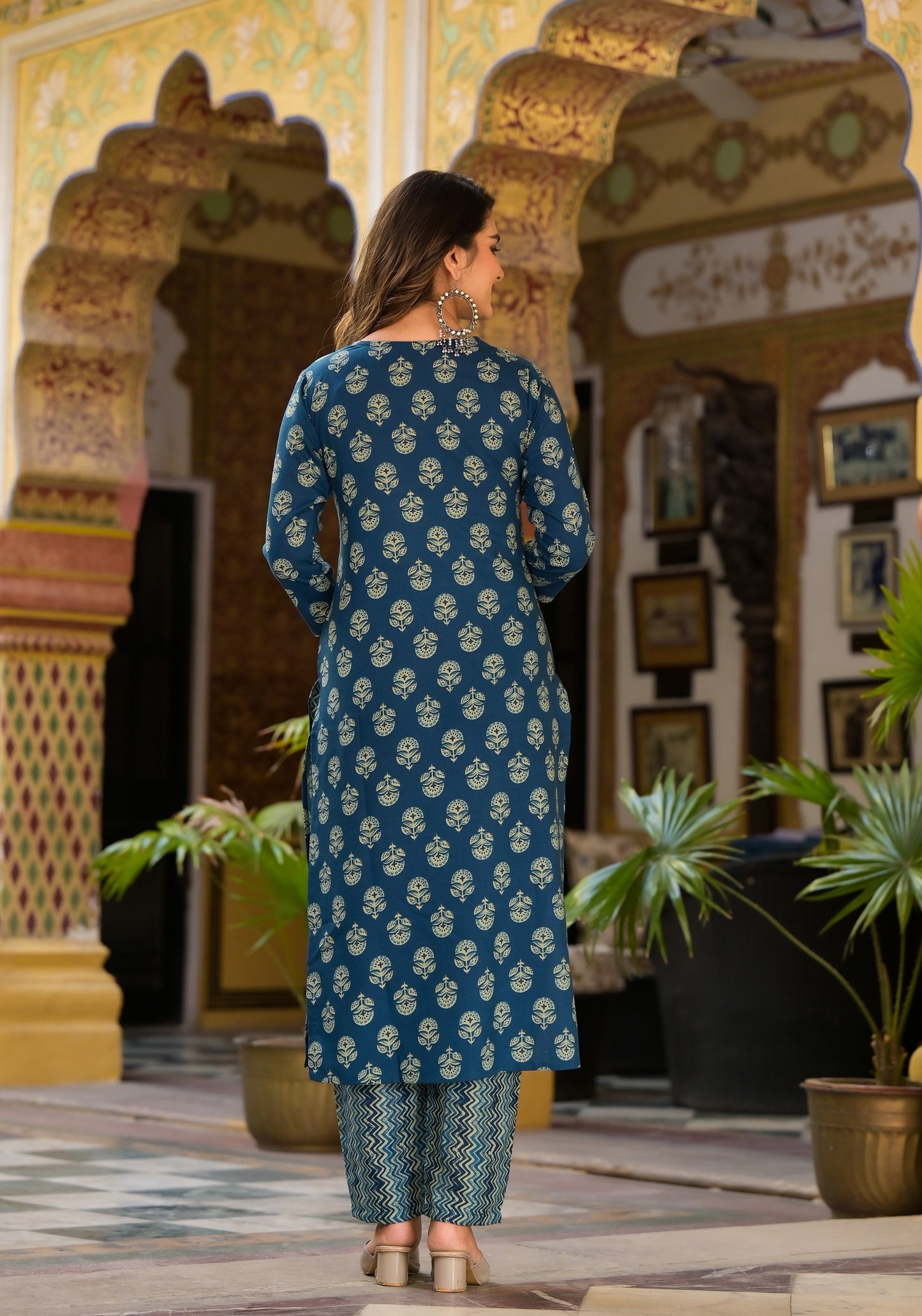 Block Printed Teal Blue Kurta Set with Bottom Wear and Dupatta Dropshipera