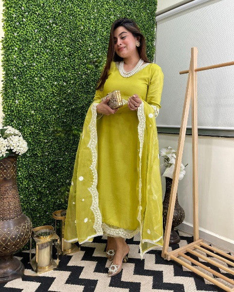Women Embroidered Straight Kurta Set with Dupatta in Lime Color Dropshipera