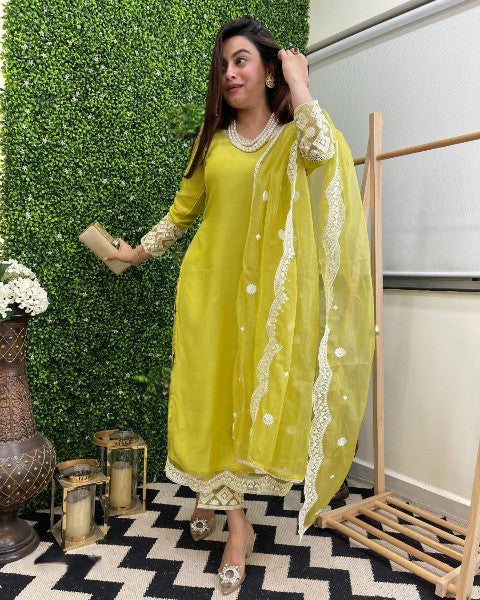 Women Embroidered Straight Kurta Set with Dupatta in Lime Color Dropshipera