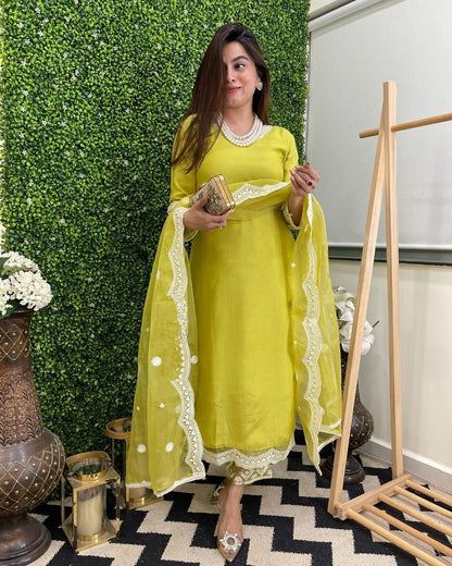 Women Embroidered Straight Kurta Set with Dupatta in Lime Color Dropshipera