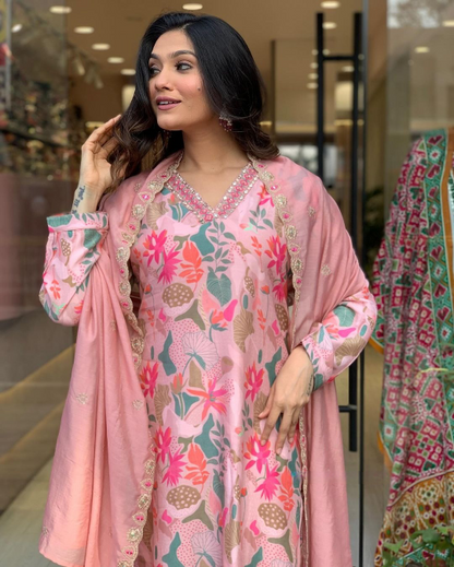 Pink Printed Kurta Set With Chanderi Dupatta With Pant Pair Dropshipera