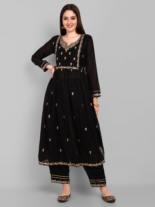 Women Embroidered Vichitra Silk kurta Pant set in Black Color Dropshipera