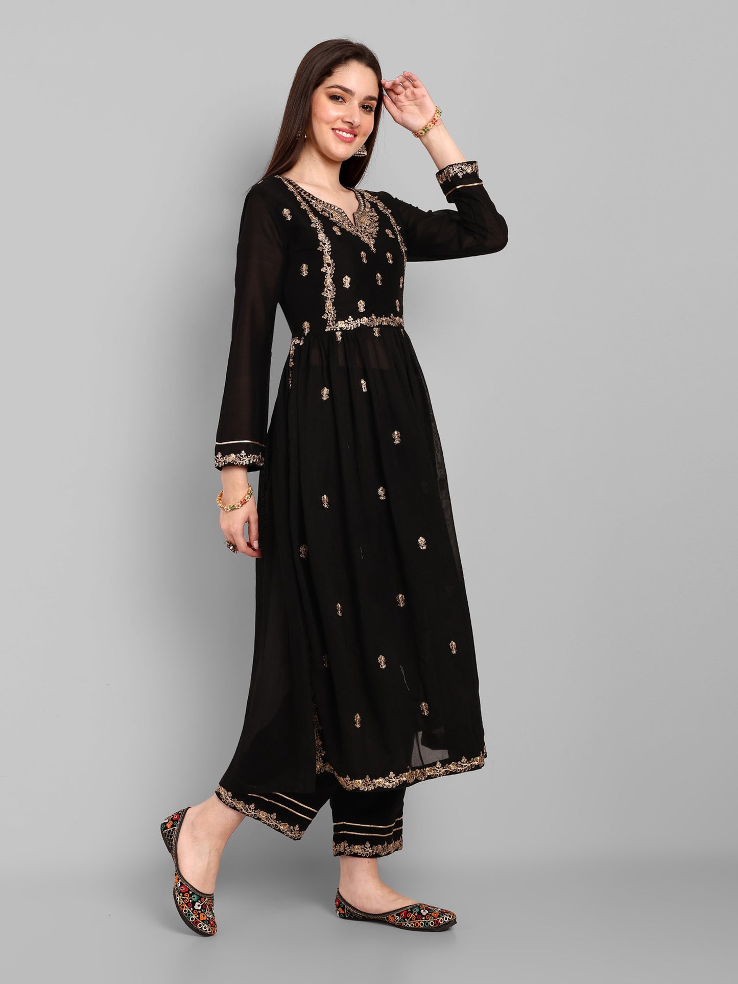 Women Embroidered Vichitra Silk kurta Pant set in Black Color Dropshipera