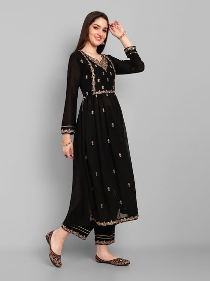 Women Embroidered Vichitra Silk kurta Pant set in Black Color Dropshipera