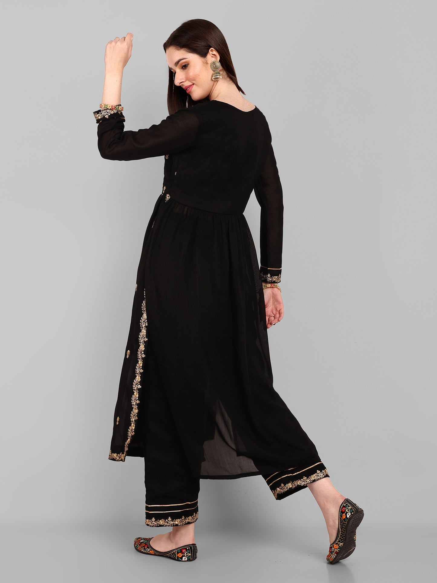 Women Embroidered Vichitra Silk kurta Pant set in Black Color Dropshipera