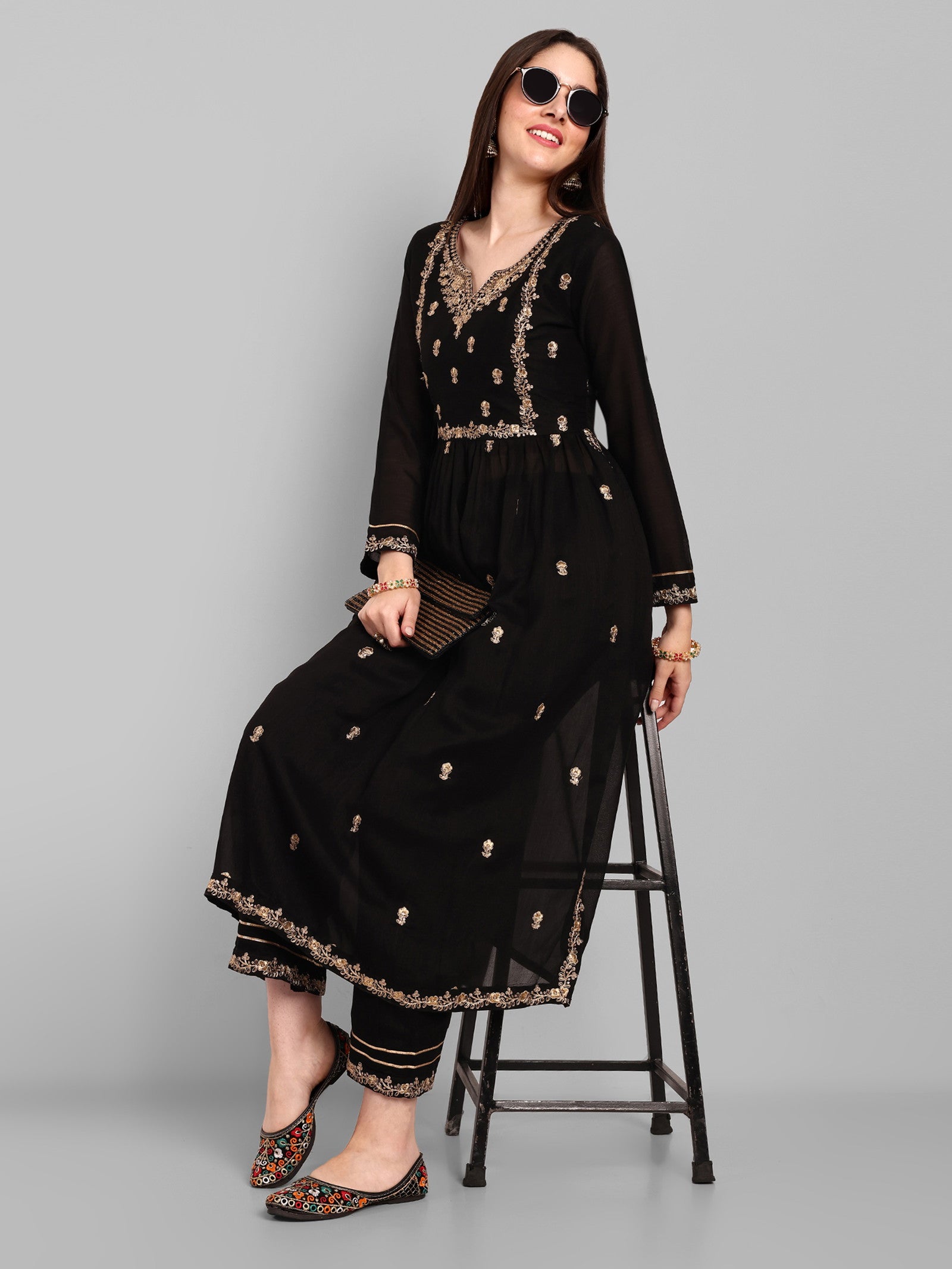 Women Embroidered Vichitra Silk kurta Pant set in Black Color Dropshipera