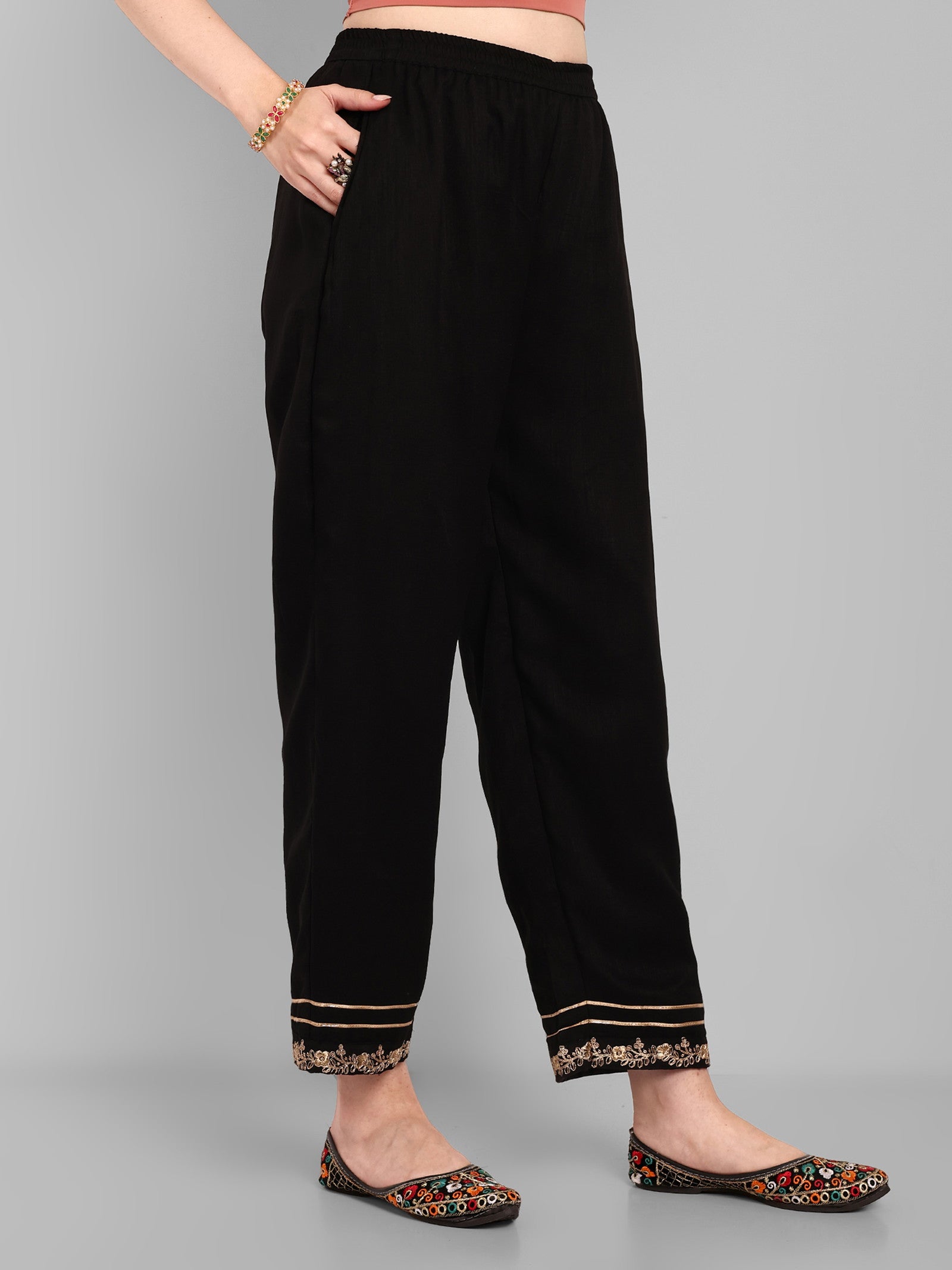 Women Embroidered Vichitra Silk kurta Pant set in Black Color Dropshipera