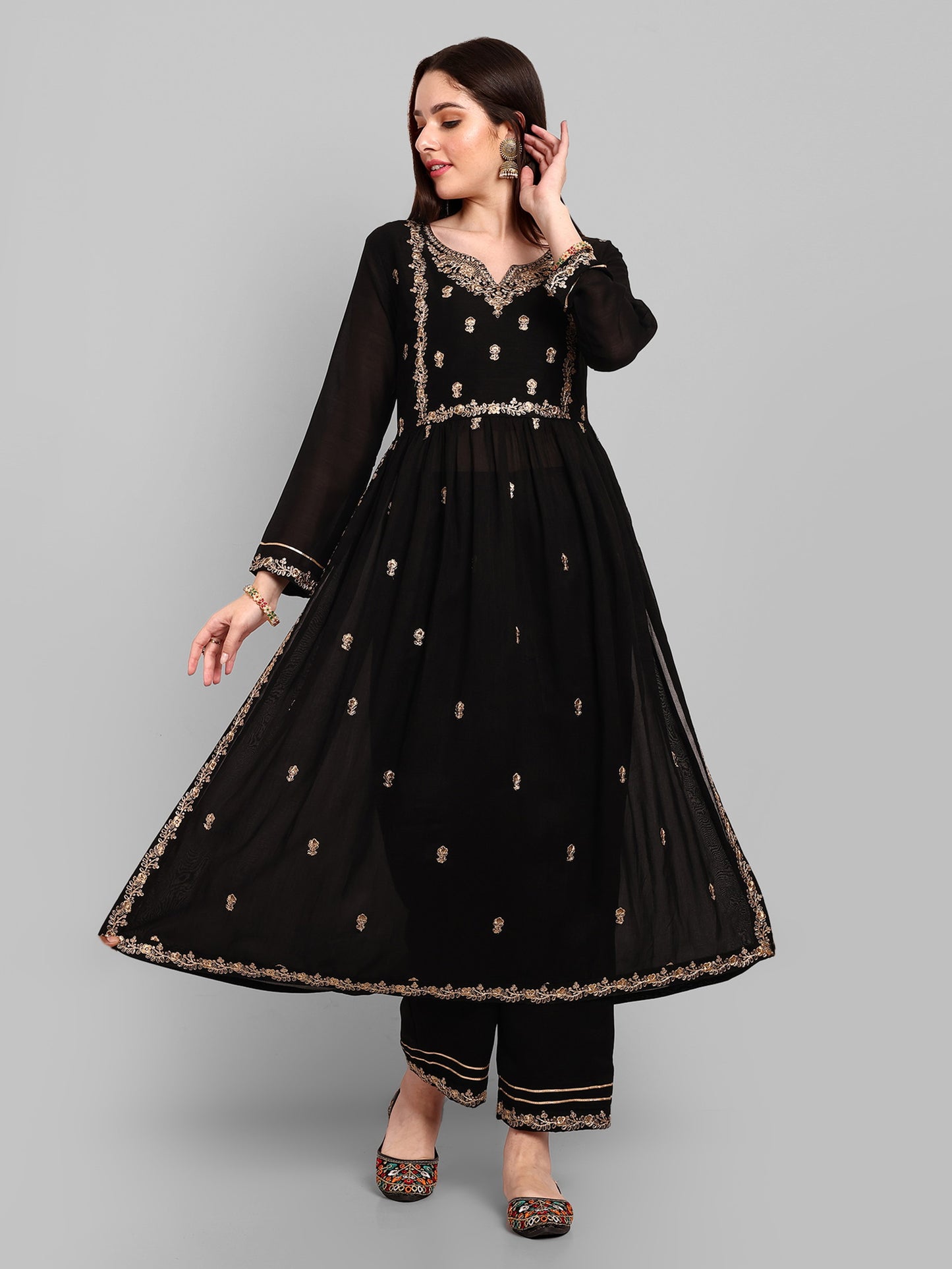 Women Embroidered Vichitra Silk kurta Pant set in Black Color Dropshipera