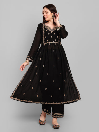 Women Embroidered Vichitra Silk kurta Pant set in Black Color Dropshipera