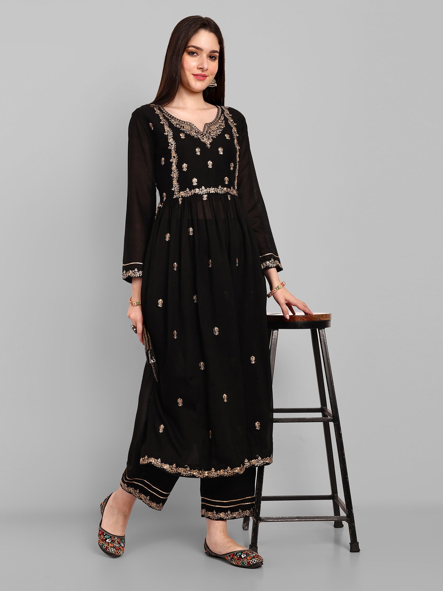 Women Embroidered Vichitra Silk kurta Pant set in Black Color Dropshipera