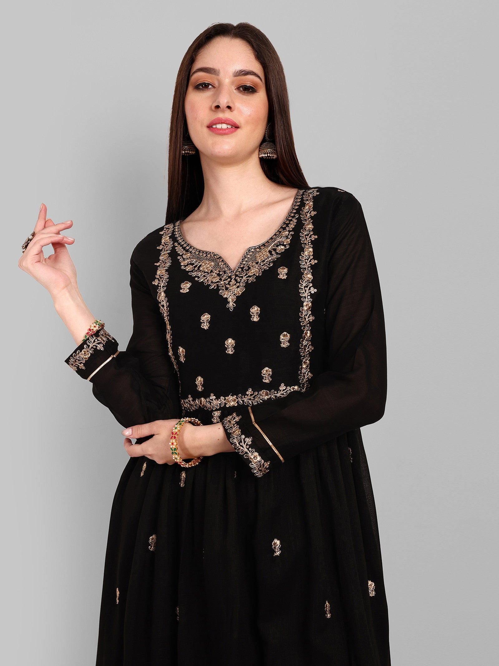 Women Embroidered Vichitra Silk kurta Pant set in Black Color Dropshipera