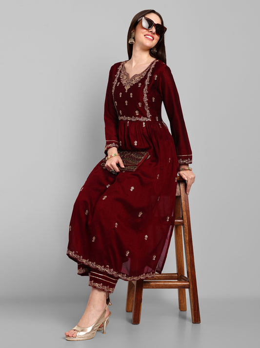 Women Embroidered Vichitra Silk kurta Pant set in Maroon Color Dropshipera
