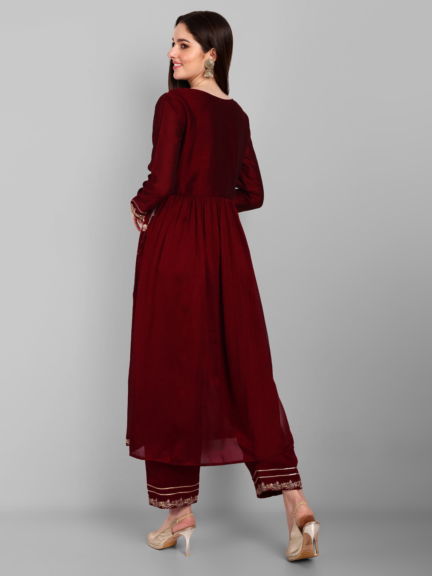 Women Embroidered Vichitra Silk kurta Pant set in Maroon Color Dropshipera