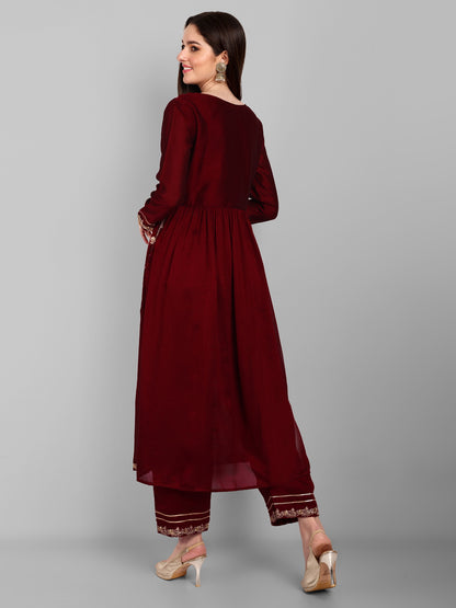 Women Embroidered Vichitra Silk kurta Pant set in Maroon Color Dropshipera