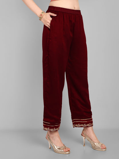 Women Embroidered Vichitra Silk kurta Pant set in Maroon Color Dropshipera