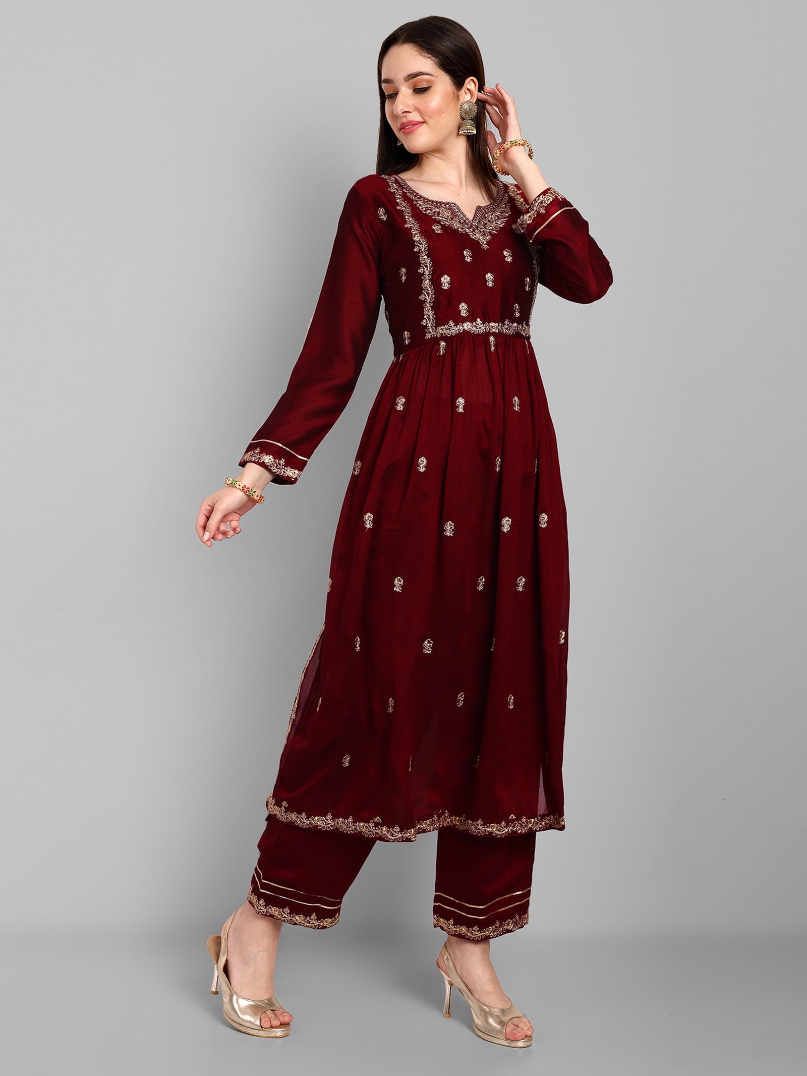 Women Embroidered Vichitra Silk kurta Pant set in Maroon Color Dropshipera