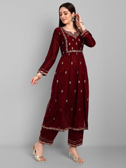 Women Embroidered Vichitra Silk kurta Pant set in Maroon Color Dropshipera