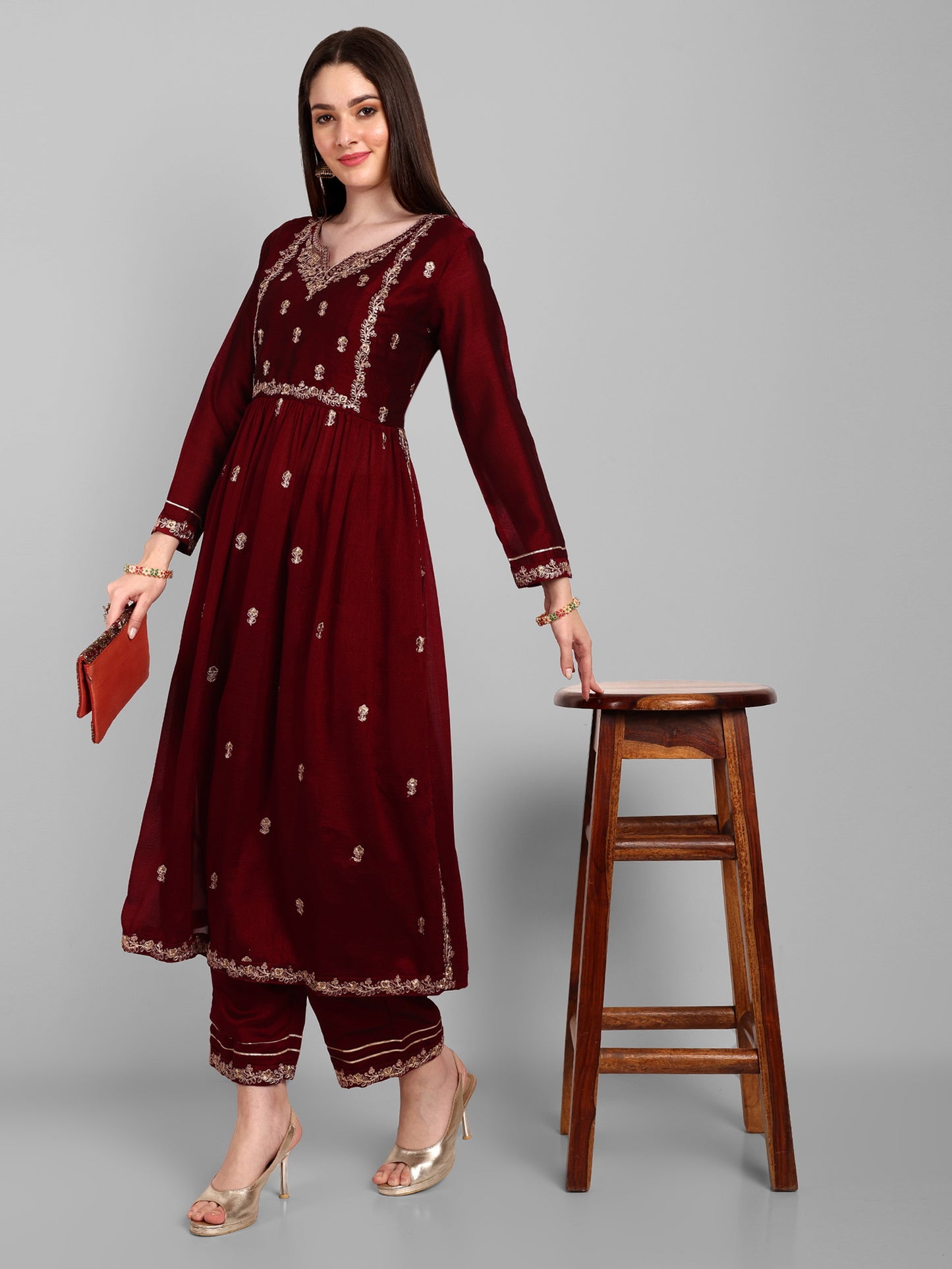 Women Embroidered Vichitra Silk kurta Pant set in Maroon Color Dropshipera