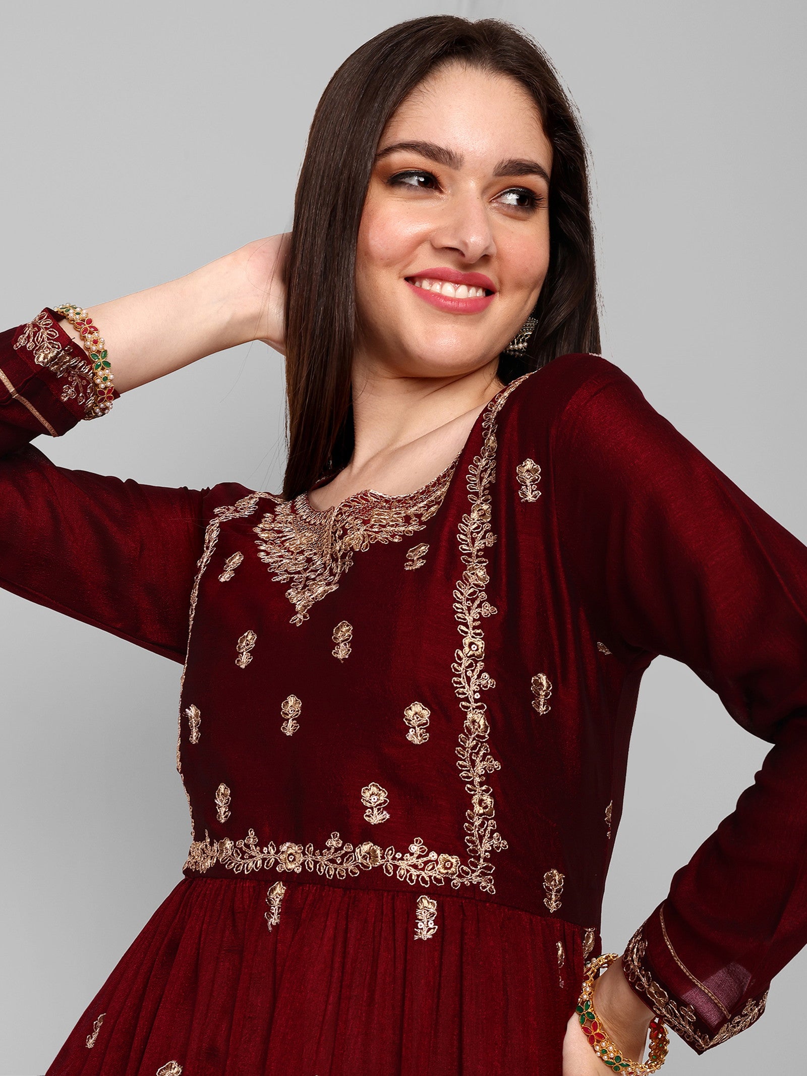 Women Embroidered Vichitra Silk kurta Pant set in Maroon Color Dropshipera