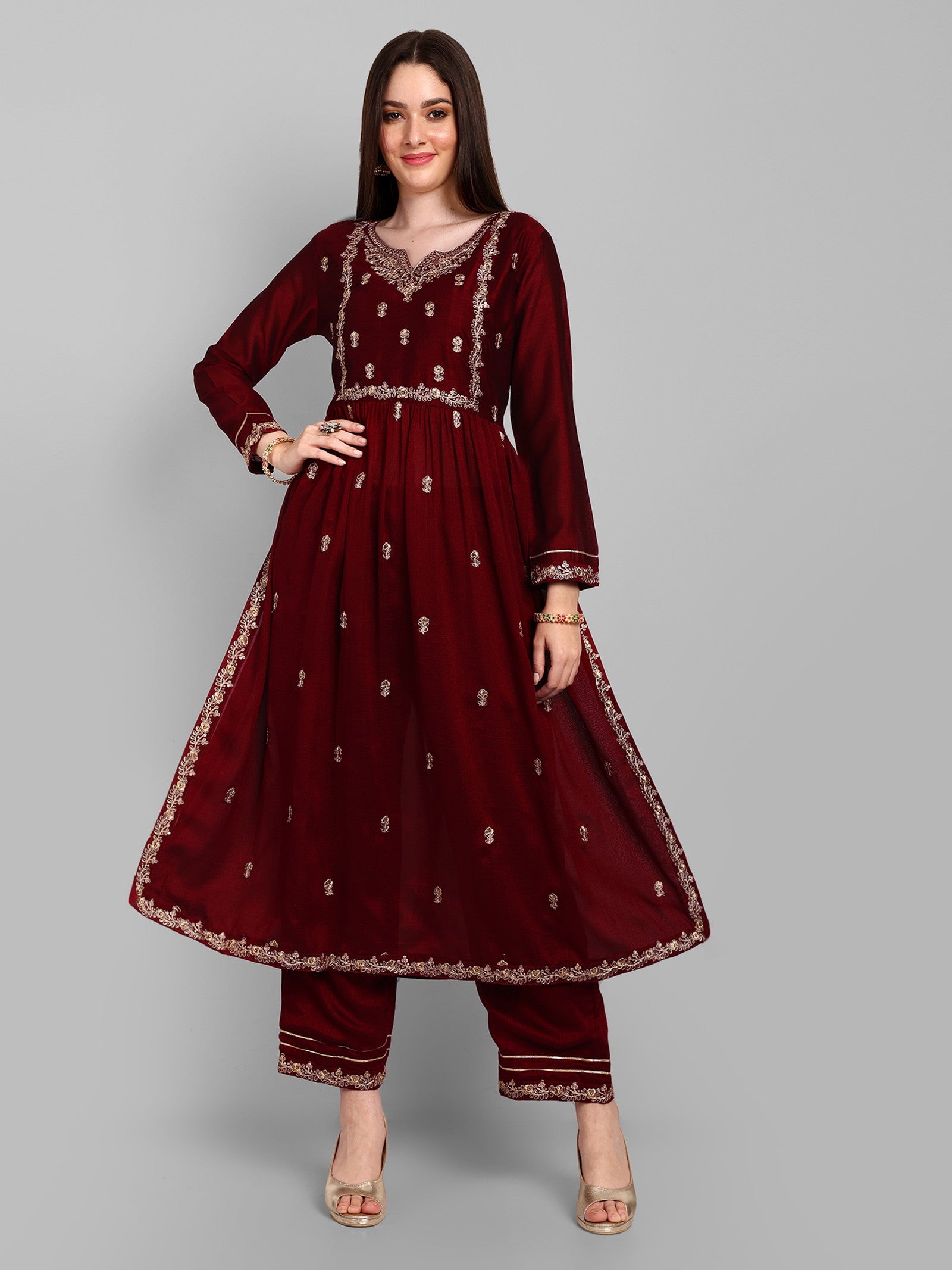 Women Embroidered Vichitra Silk kurta Pant set in Maroon Color Dropshipera