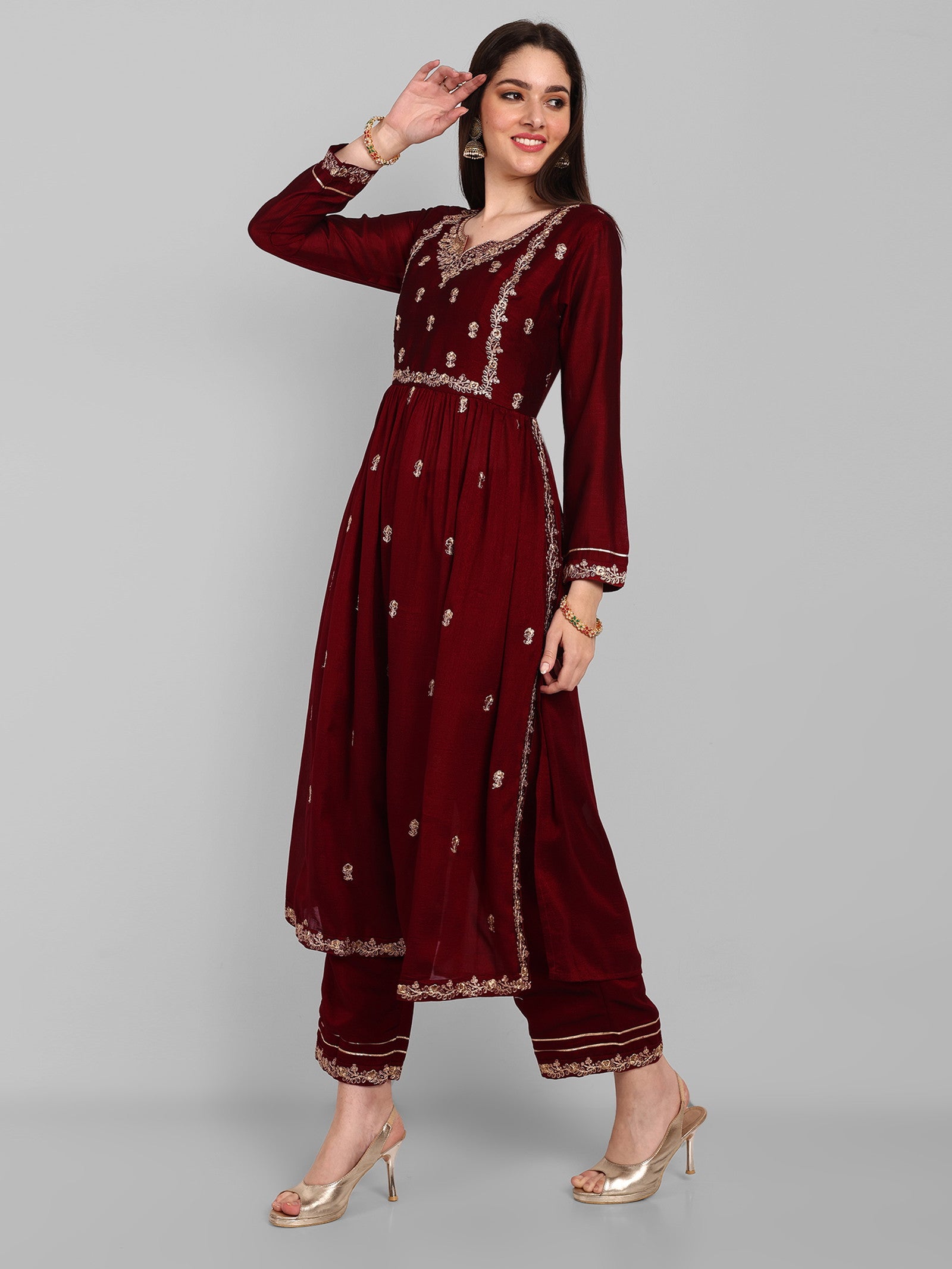 Women Embroidered Vichitra Silk kurta Pant set in Maroon Color Dropshipera