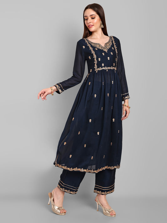 Women Embroidered Vichitra Silk kurta Pant set in Navy Blue Color Dropshipera