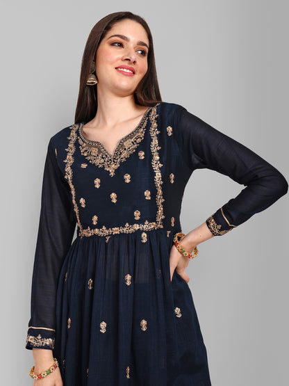 Women Embroidered Vichitra Silk kurta Pant set in Navy Blue Color Dropshipera