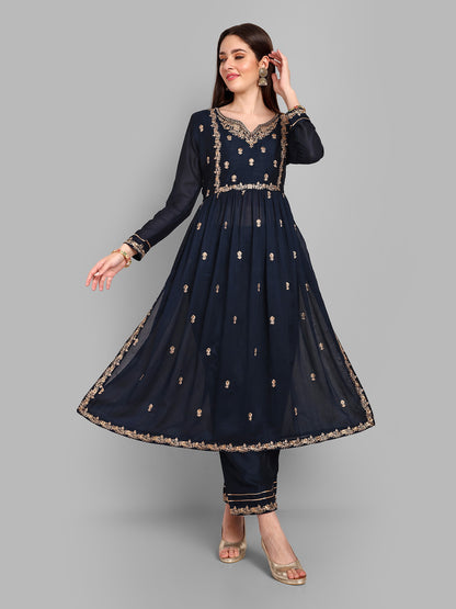 Women Embroidered Vichitra Silk kurta Pant set in Navy Blue Color Dropshipera