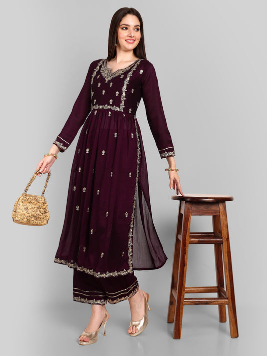 Women Embroidered Vichitra Silk kurta Pant set in Wine Color Dropshipera