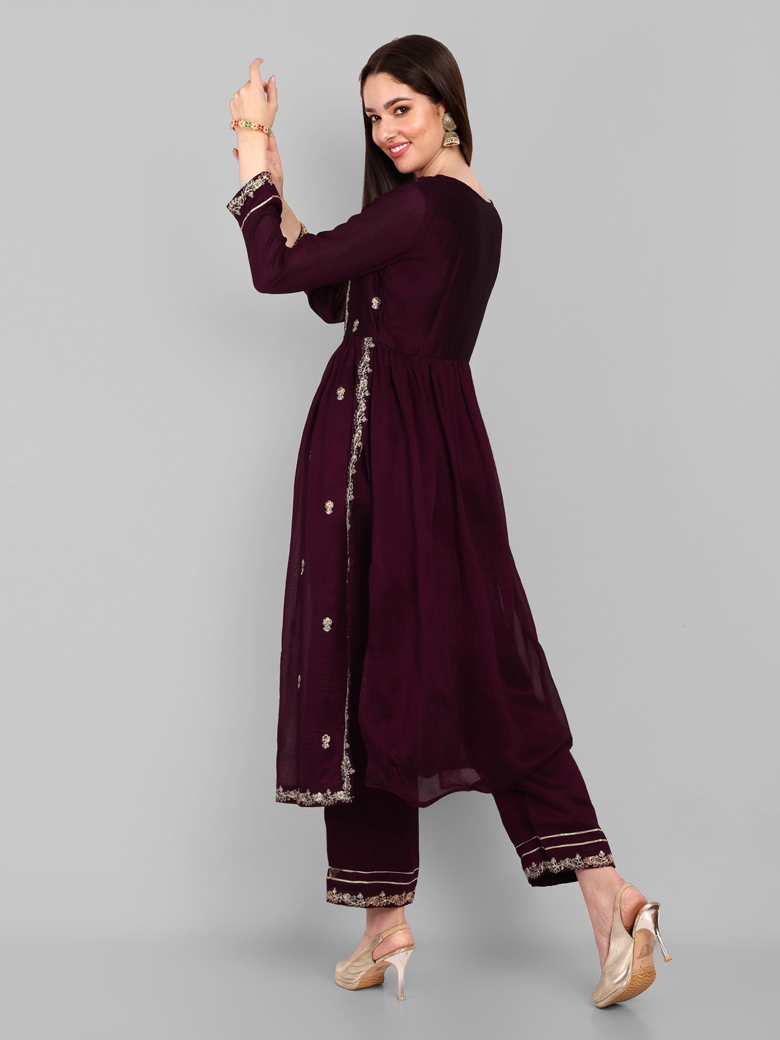 Women Embroidered Vichitra Silk kurta Pant set in Wine Color Dropshipera