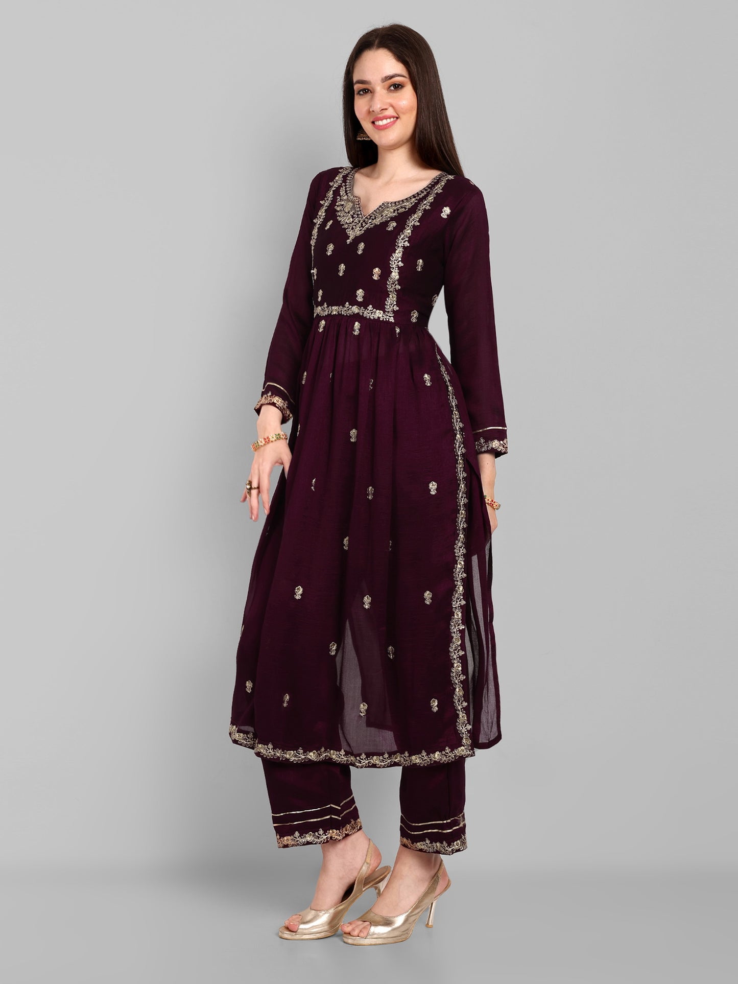 Women Embroidered Vichitra Silk kurta Pant set in Wine Color Dropshipera