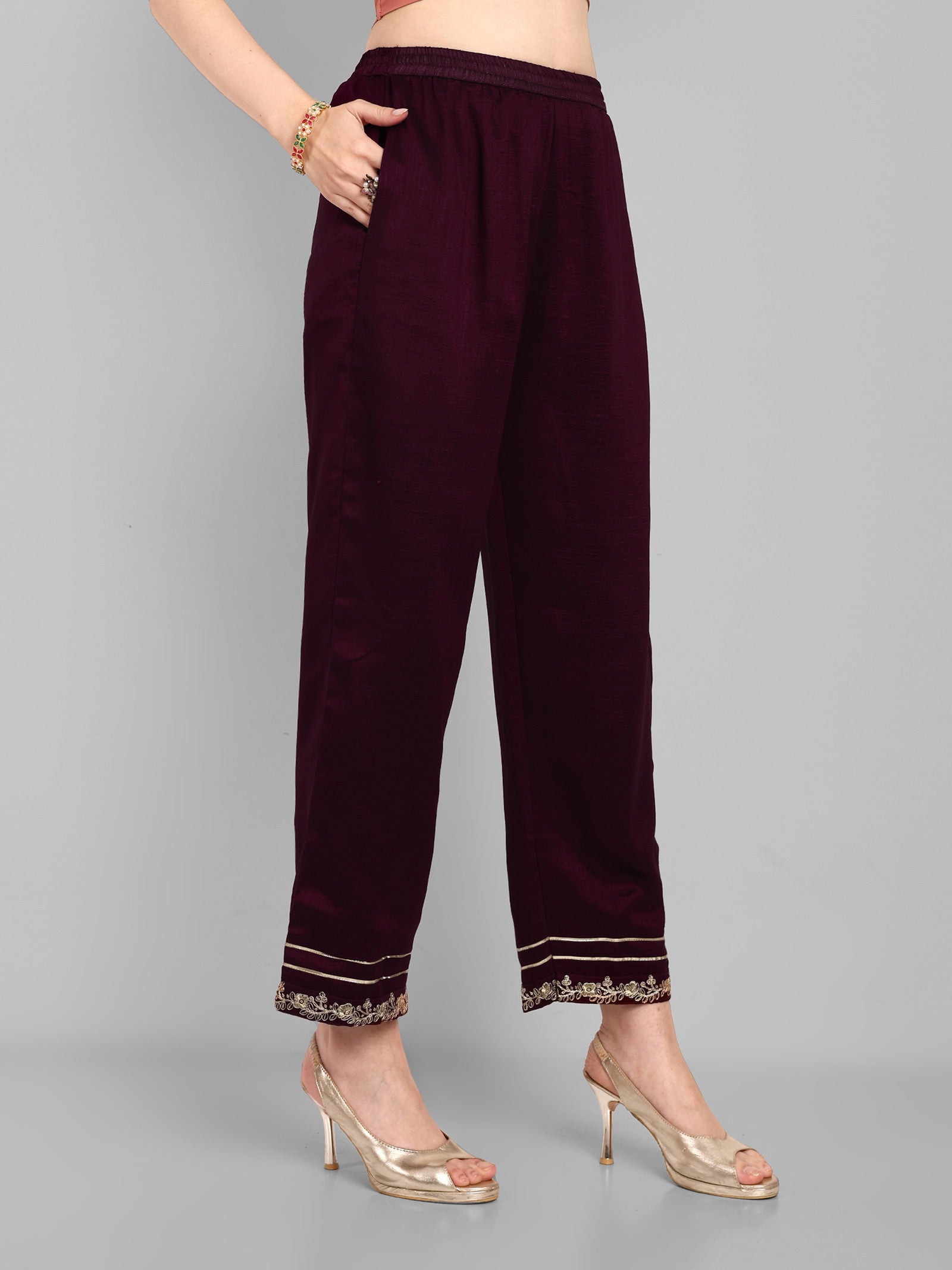 Women Embroidered Vichitra Silk kurta Pant set in Wine Color Dropshipera