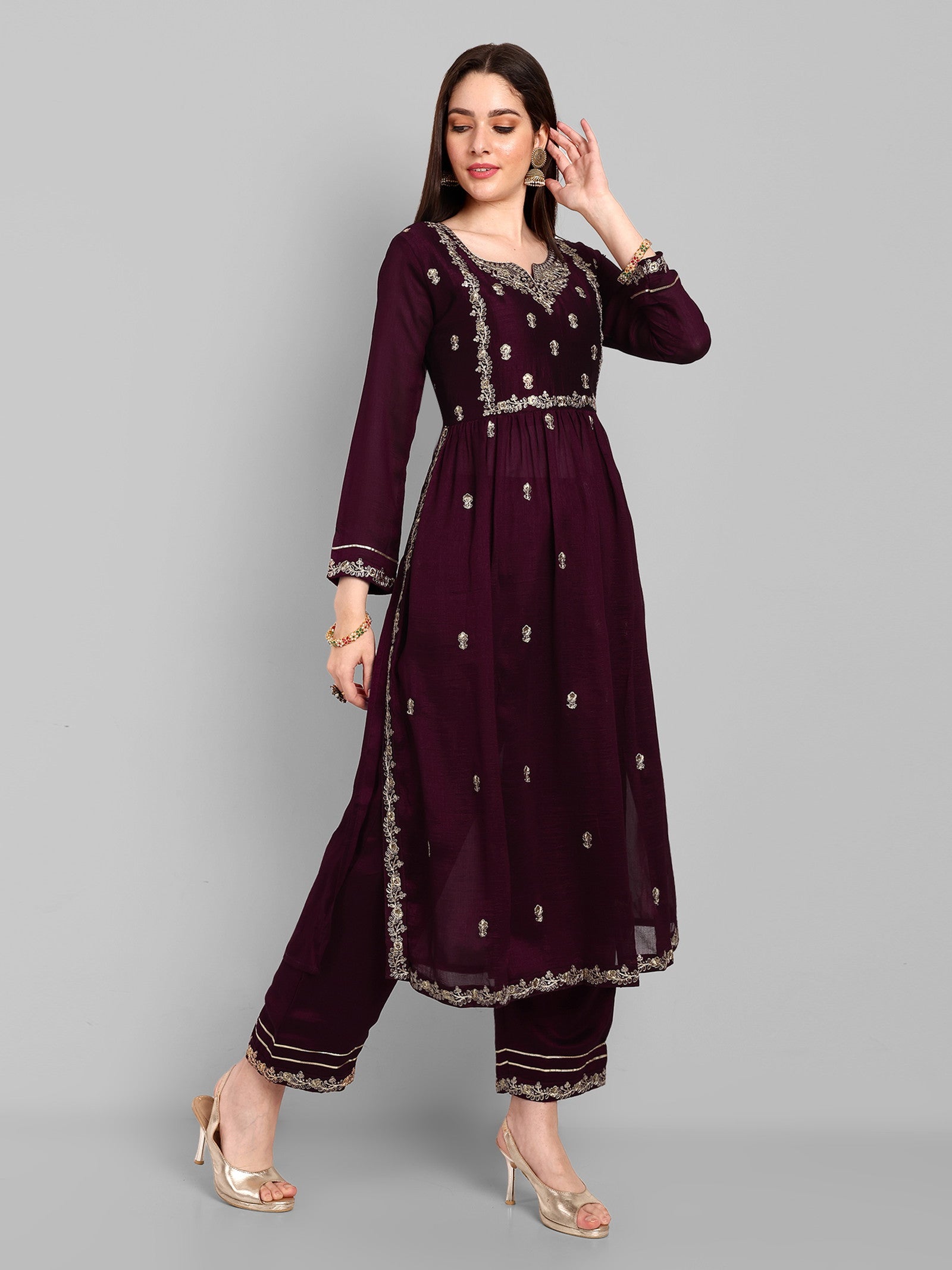 Women Embroidered Vichitra Silk kurta Pant set in Wine Color Dropshipera