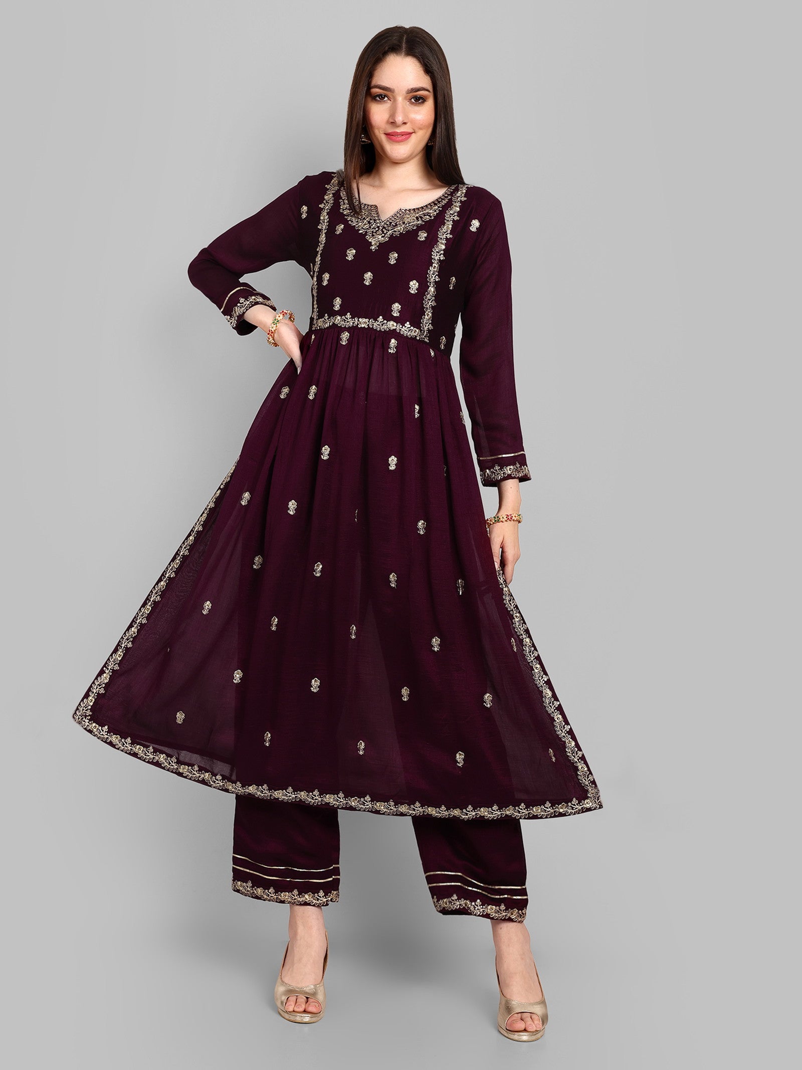 Women Embroidered Vichitra Silk kurta Pant set in Wine Color Dropshipera