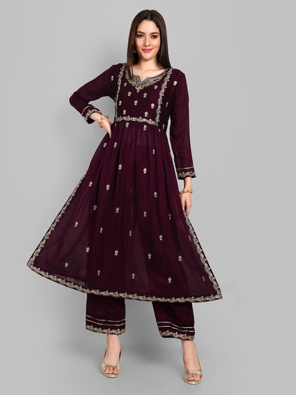 Women Embroidered Vichitra Silk kurta Pant set in Wine Color Dropshipera