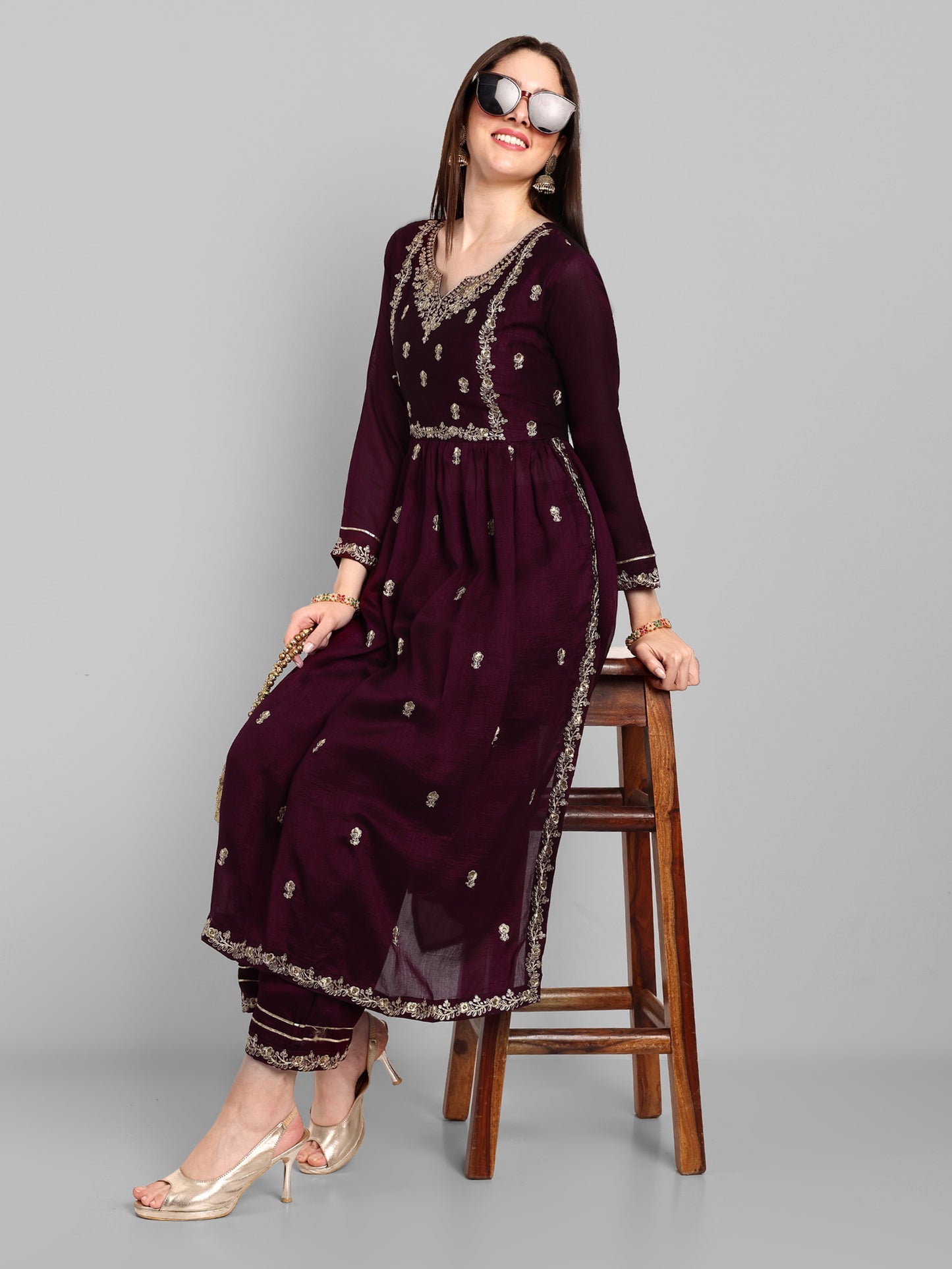 Women Embroidered Vichitra Silk kurta Pant set in Wine Color Dropshipera