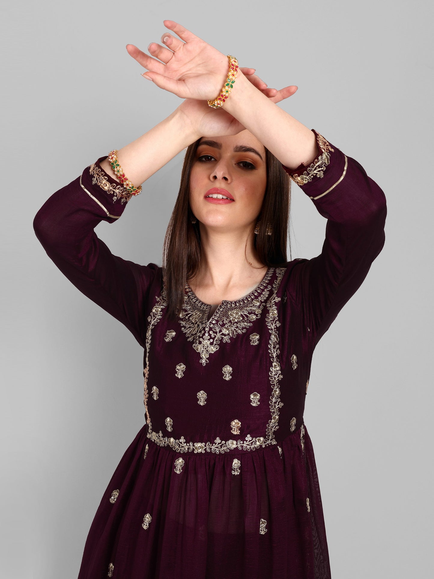 Women Embroidered Vichitra Silk kurta Pant set in Wine Color Dropshipera