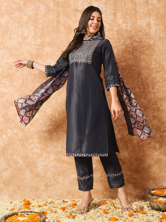 Designer Sequence Embroidery Work Chinon Kurta with Trousers & Dupatta Dropshipera