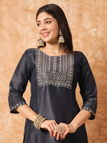 Designer Sequence Embroidery Work Chinon Kurta with Trousers & Dupatta Dropshipera