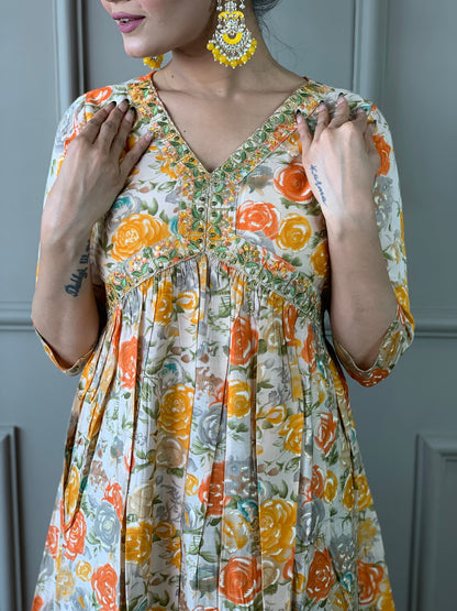 Women Printed and Embroidered Viscose Rayon kurta set Dropshipera
