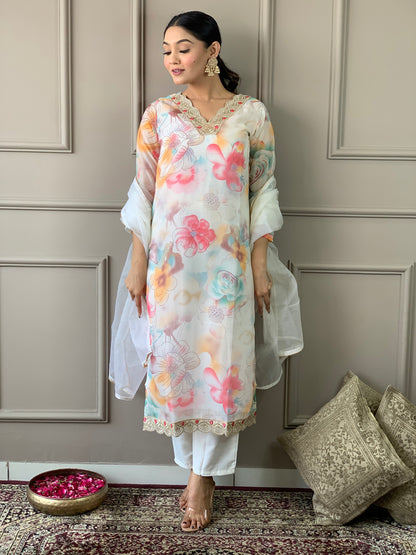 Floral Design Off White Kurta Set with Bottom and Dupatta Dropshipera