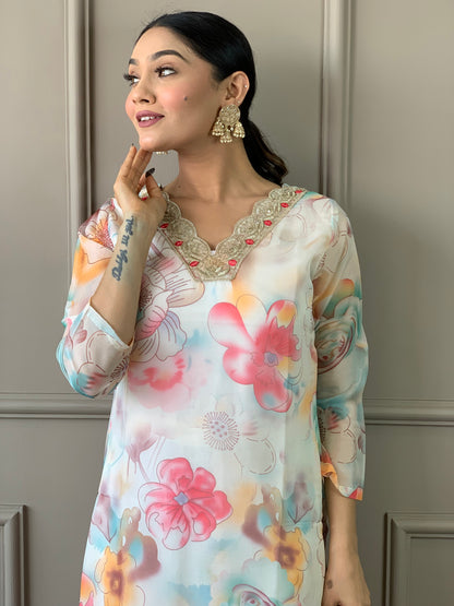 Floral Design Off White Kurta Set with Bottom and Dupatta Dropshipera