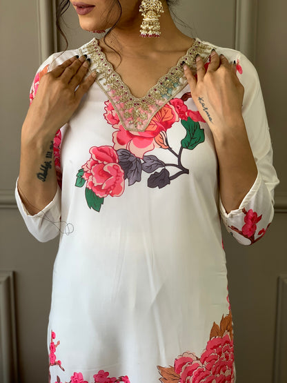 Designer White Floral Kurta Set with Bottom and Dupatta Dropshipera