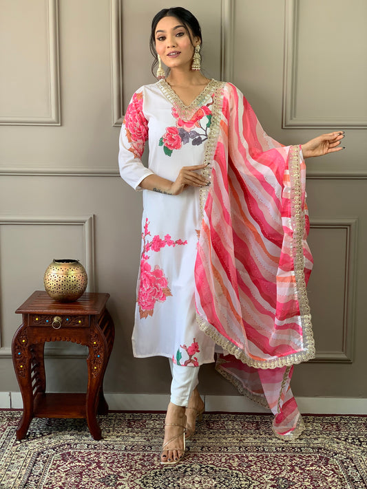 Designer White Floral Kurta Set with Bottom and Dupatta Dropshipera