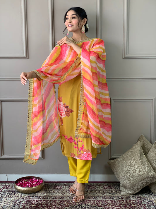 Floral Printed Straight Kurta with Botton and Dupatta Dropshipera