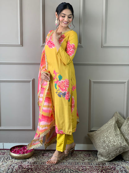 Floral Printed Straight Kurta with Botton and Dupatta Dropshipera