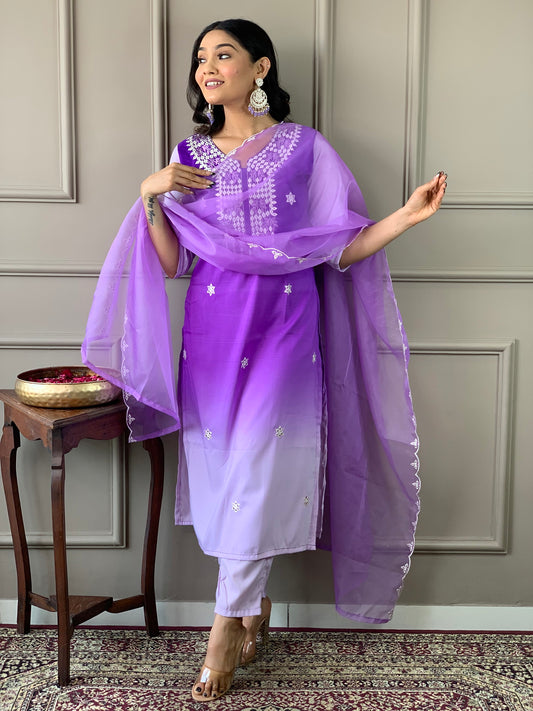 Women Straight Embroidered Kurta with Bottom and Dupatta Dropshipera