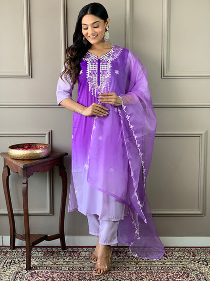 Women Straight Embroidered Kurta with Bottom and Dupatta Dropshipera